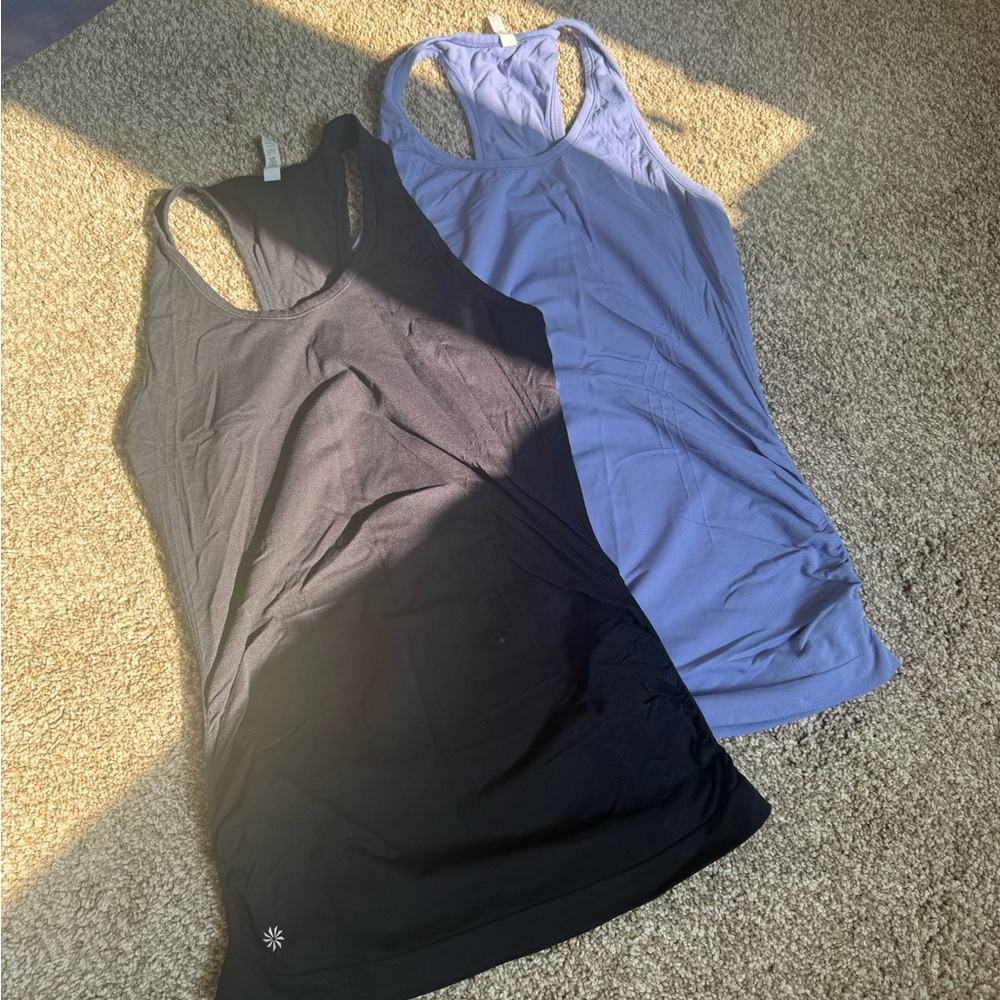 Athleta Black & Periwinkle Ruched Tank Tops (Sold as a set)
